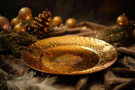 Elegant golden plate on a festive table adorned with christmas decorations and pine branchesの素材