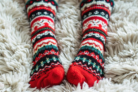 Festive red christmas socks with holiday patterns on a soft white shag carpetの素材