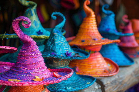 Vibrant handcrafted witch hats in a variety of colors on display at a marketの素材