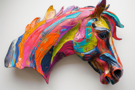 Vibrant multicolored horse head sculpture conveyed with artistic flair, isolated on a white backdropの素材