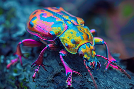 Macro shot of a colorful beetle with iridescent hues in a natural habitatの素材