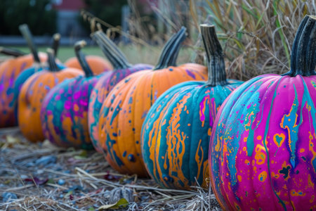 Row of vibrant painted pumpkins displayed on hay, perfect for autumn decorの素材