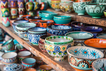 Assortment of vibrant, intricately designed ceramic bowls and dishes on wooden shelvesの素材