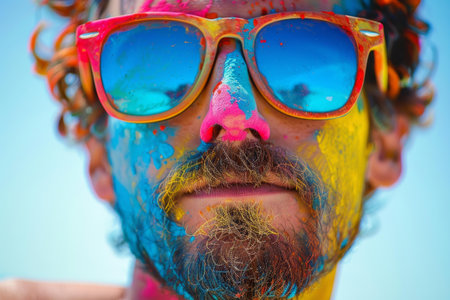 Closeup of a bearded man with vibrant paint splatters on his face and sunglassesの素材