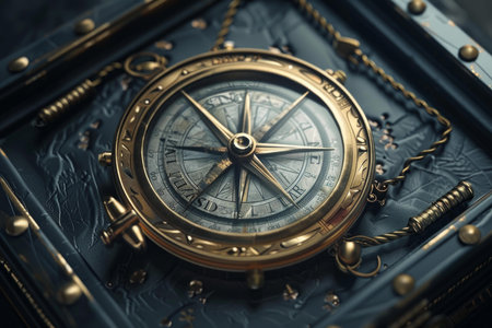 Vintage navigational compass on an ornate, embossed blue backgroundの素材