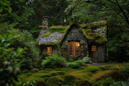 Cozy stone cottage with glowing windows nestled in a lush, green forest settingの素材