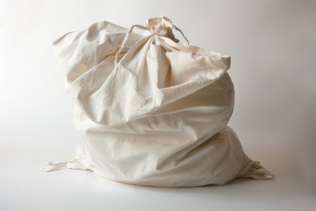 Crumpled empty canvas laundry sack isolated on a white backdrop, suitable for diverse useの素材