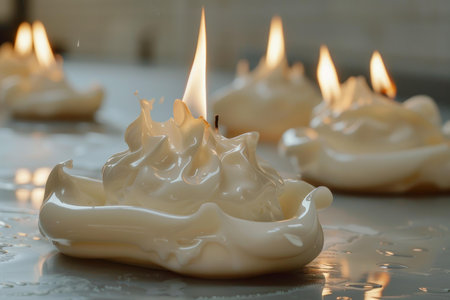 Closeup of lit candles with melted wax, creating a tranquil atmosphere on a reflective surfaceの素材