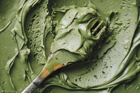 Closeup shot of a whisk covered in vibrant green cake batter on a kitchen surfaceの素材