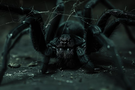 Closeup of a dark spider amidst eerie cobwebs. Perfect for halloween themesの素材
