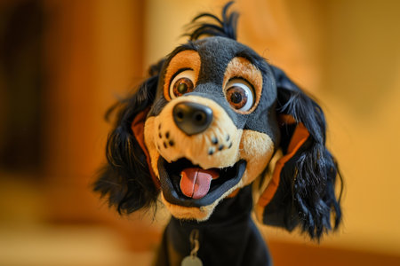 Closeup of a cute and cheerful dog puppet against a yellow background, exuding happinessの素材