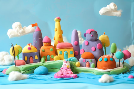 Colorful handcrafted miniature landscape with playful clay houses and trees, under a creative blue skyの素材
