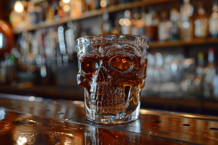 Ornate skullshaped glass sits empty on a wooden bar, with bottles in the backgroundの素材