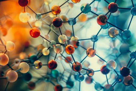 3d illustration of a vibrant, complex molecular model with a blurred backdropの素材