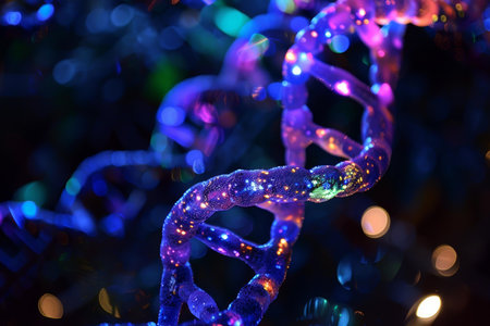 Vibrant, neonlit dna double helix shines brightly with a sparkling effect on a bokeh light backdropの素材