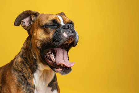 Delightful boxer dog appears to laugh with joy against a vivid yellow backdropの素材