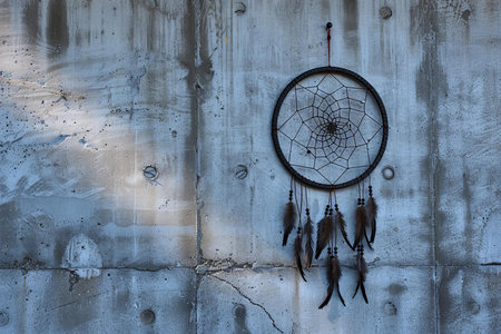 Native american dreamcatcher with feathers against a weathered metallic backgroundの素材