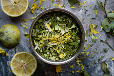 Overhead view of a bowl filled with dried herbal tea leaves and citrus zest on a textured backdropの素材
