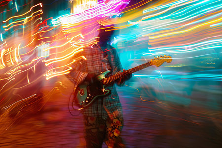Silhouette of a musician playing guitar surrounded by dynamic, colorful light streaks at nightの素材
