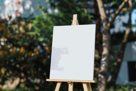 Empty white canvas on a wooden easel set against a blurred garden backgroundの素材