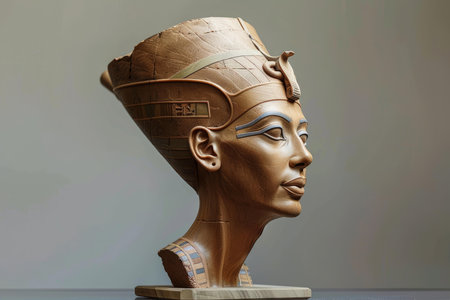 Elegant replica of an egyptian pharaoh bust with detailed hieroglyphics on a neutral backgroundの素材
