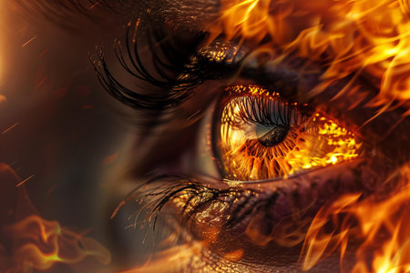 Closeup of a persons eye capturing the reflection of flames, displaying passion and intensityの素材