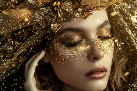 Closeup of a woman adorned with golden makeup and ornate headpieceの素材
