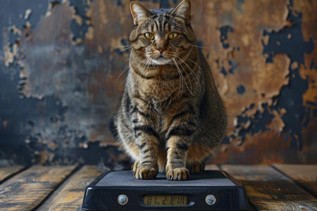 A confident tabby cat sitting on a black digital scale in front of a rustic backdropの素材