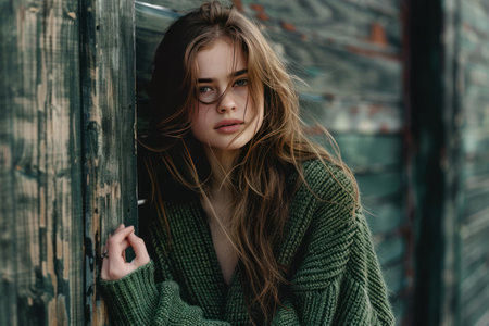 Young woman in a green sweater looks out intriguingly from behind rustic wooden slatsの素材