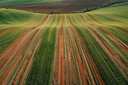 Aerial view of undulating farmland with vibrant green crops and soil furrowsの素材