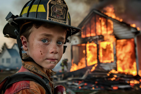 Child in firefighter gear gazes solemnly at a house fire, portraying the seriousness of fire safety trainingの素材