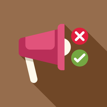 Pink megaphone is making an important announcement, with a check mark for yes and a cross mark for noのイラスト素材
