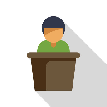 Politician standing behind the tribune, giving a speech in front of audienceのイラスト素材