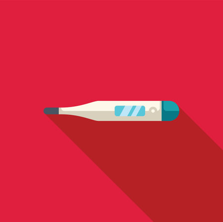 Digital medical thermometer for measuring body temperature on red backgroundのイラスト素材