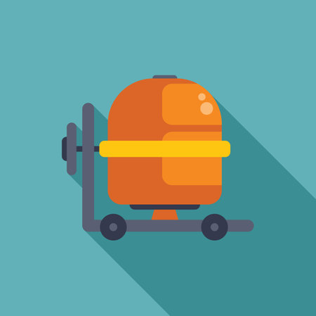 Mobile concrete mixer standing on wheels with long shadow, construction machinery for mixing cement, flat style iconのイラスト素材