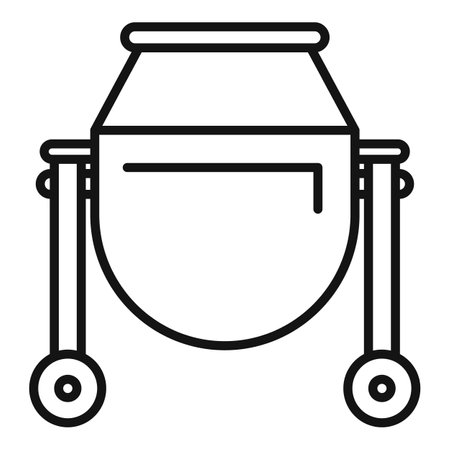 Black and white line drawing of a concrete mixer standing on wheels, used in construction for mixing cementのイラスト素材