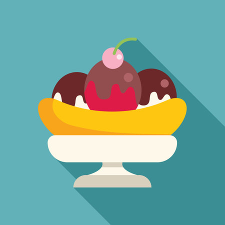 Delicious banana split with ice cream scoops and cherry on topのイラスト素材