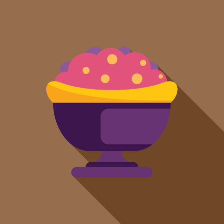 Purple ice cream cup with pink ice cream and yellow topping, standing on brown backgroundのイラスト素材