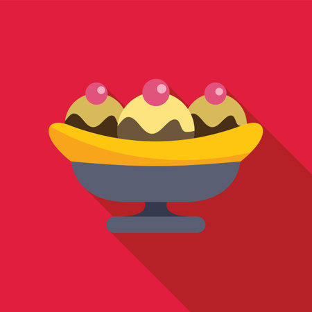 Ice cream dessert with banana slices and cherries served on an elegant plateのイラスト素材
