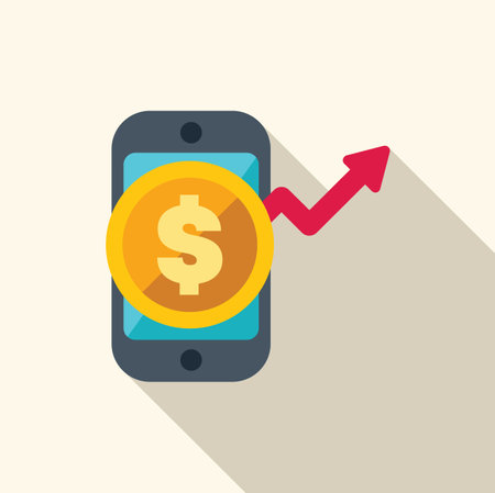 Mobile banking app is making money with profits increasing as shown by the upward trending red arrowのイラスト素材