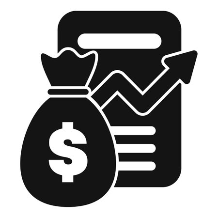 Black glyph icon depicting a money bag with a growing financial chart, symbolizing a successful investment strategyのイラスト素材