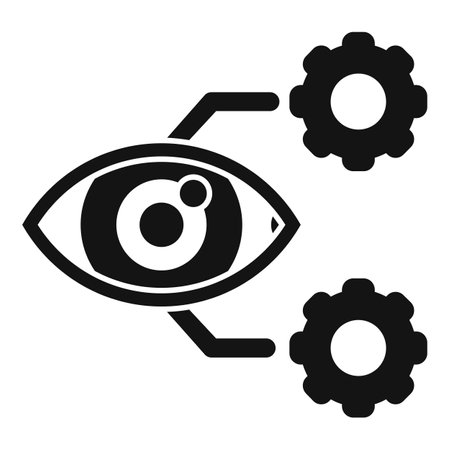 Black and white icon of an eye connected to gears representing the concept of artificial intelligenceのイラスト素材