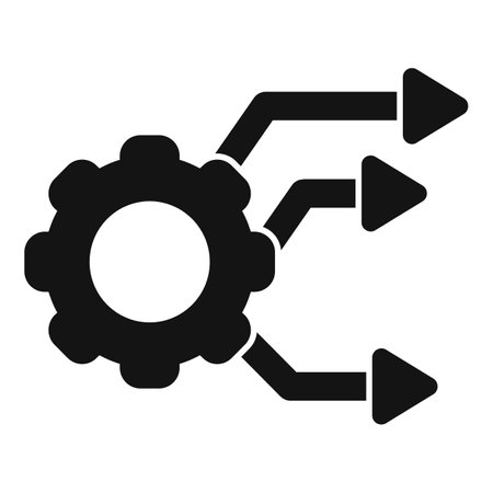 Black and white icon of a gear generating three arrows, symbolizing business process optimization and efficiencyのイラスト素材