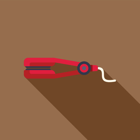 Red hair straightener lying on brown surface with long shadowのイラスト素材