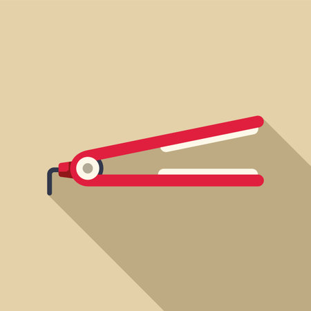 Red hair straightener lying on a light brown surface, creating a long shadowのイラスト素材