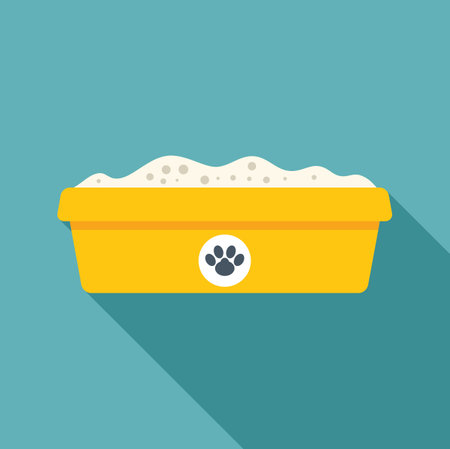 Yellow plastic litter box with a paw print, full of sand, for a domestic cat to relieve itselfのイラスト素材