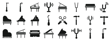 Piano tuner icons set. Piano tuner using tuning fork and professional tools for tuning grand pianosのイラスト素材