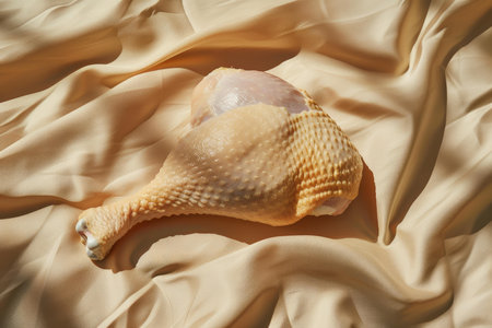 Fresh raw chicken leg displayed on a luxurious satin fabric with soft folds and natural lightingの素材