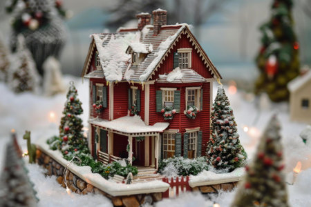 Experience the charm and magic of a winter wonderland miniature house with festive decorations for the holiday season, including snowcovered pine trees and a cozy snowy landscape sceneの素材