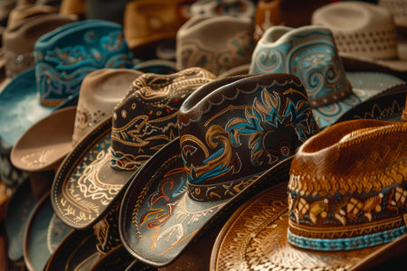 Assorted cowboy hats displaying intricate designs and varied textures, evoking the spirit of the westの素材